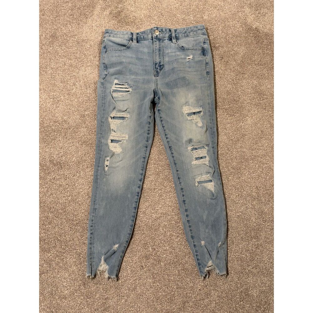 American Eagle Stretch Super High Rise Distressed Jeggings 10 Short Frayed Hem